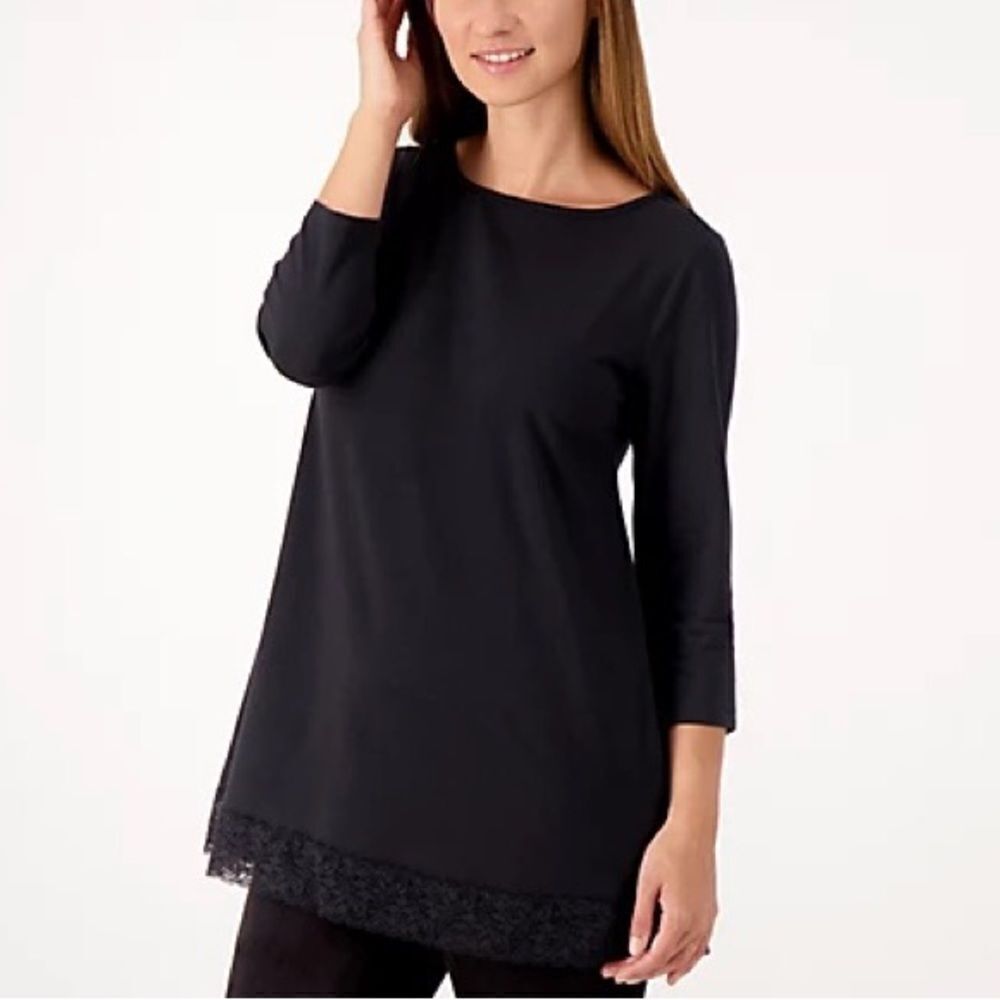 Denim & Co. Jersey Boatneck 3/4 Sleeve Lace Hem Tunic